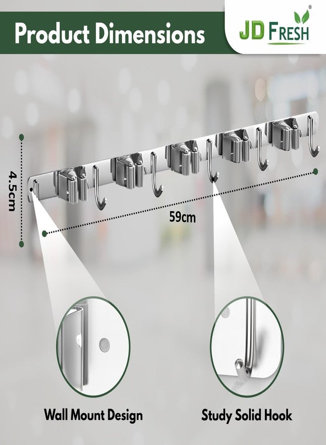 JD FRESH 1 Pcs Stainless Steel Mop and Broom Holder Wall Mount 5 Slot & 6 Hook Anti Slip Heavy Duty Waterproof Broom Hanger Stand Organizer Tool for Kitchen Home Garden Bathroom Garage (Silver) - Image 3